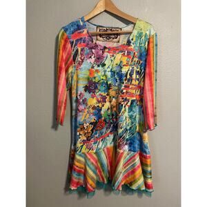 Amma Design Tunic Dress Womens XL Multicolor Floral Striped Boho Made in USA